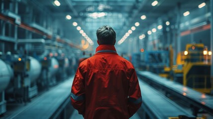 An engineer oversees a high-tech factory line, using a PLC system for optimal efficiency and safety. - obrazy, fototapety, plakaty