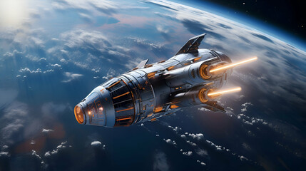 Spaceship flying in the space. 3d rendering image.