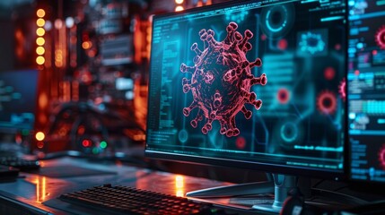 A hacker's lair, lit only by the glow of a monitor displaying lines of blue code and a flashing red virus alert, surrounded by cyber security icons.