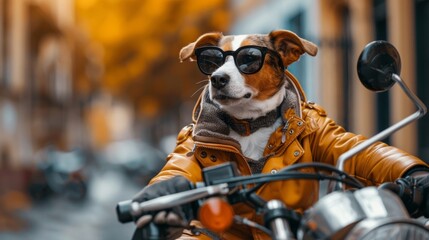 A cool dog in sunglasses and a jacket rides a motorcycle like a true biker.