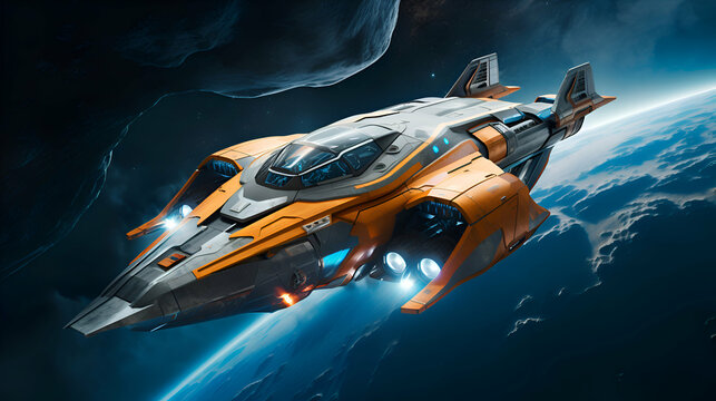 Space ship in outer space. Futuristic spaceship in deep space.