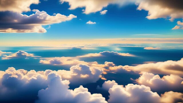 A bird's-eye spectacle: endless azure horizon, where clouds weave dreams in daylight's embrace. Global Warming concept. Video clip. Timelapse. Loop of sky background. 4K UHD.
