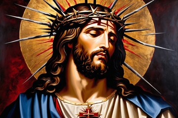 Ölgemälde der Leidensgeschichte Jesu Christi -  Dornenkrone auf Vintage-Leinwand. Gold, Schwarz, Blau, Rot und Grau