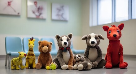 A line of animal toys facing the camera sitting in line the with a defocused hospital interior background, Animal wellness concept