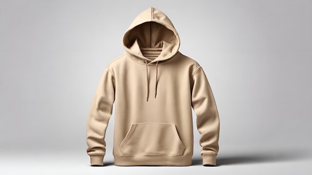 Mock up a men's beige hoodie on grey background from two sides natural shape on an invisible mannequin for your design
