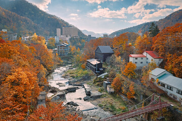 Sapporo, Hokkaido, Japan - November 2023 : Autumn scenery of Jozankei Onsen Resort, a famous hot...