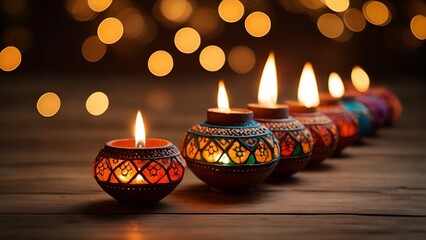 Indian festival Diwali, Diya oil lamps lit on colorful rangoli, Hindu traditional, Colorful clay diya lamps lit during Diwali celebration with copy space