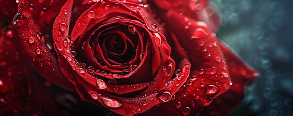 Extremely close-up of a red rose with dewdrops on it, featuring copy space.