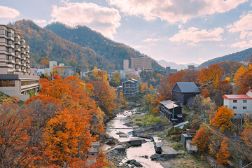 Sapporo, Hokkaido, Japan - November 2023 : Autumn scenery of Jozankei Onsen Resort, a famous hot...