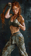 Female fighter with martial arts stance, intense and focused 