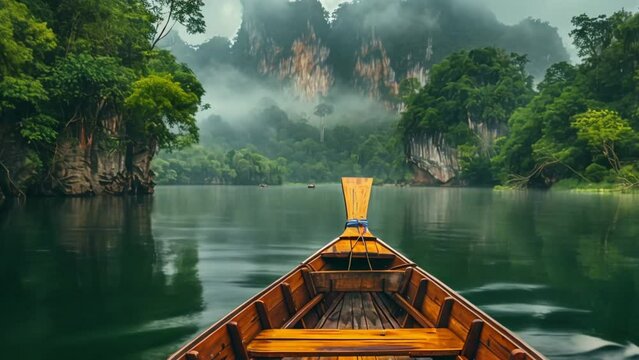 Fun boat trip. Magnificent nature of Thailand. Moving thai traditional Wooden boat sail among tropical islands at National Park. Summer vacation. Asia travel. Beautiful background. Tropical landscape.