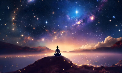 Silhouette of a women experience meditation in powerful universe. Spiritual female focus his mind on mystical truth