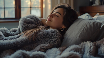 Imagine a smiling woman wearing a fur coat, holding a baby in a cozy, winter setting They are surrounded by love and happiness, with a cat snuggled next to them on the bed, showcasing the beauty of mo - obrazy, fototapety, plakaty