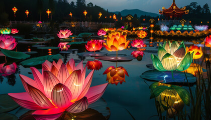 Lotus lanterns illuminating a Buddhist festiv