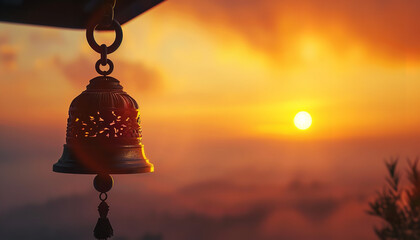 Buddhist temple bell being struck at the break of dawn - symbolizing the awakening to wisdom and the transient nature of life in Buddhism.