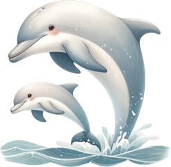 Playful Dolphins Leaping in Water Illustration, An illustration of two joyful dolphins leaping together above the ocean waves, conveying a sense of freedom and playfulness.