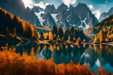 Fototapeten Peaceful autumn scene of Vorderer ( Gosausee ) lake with Dachstein glacieron background. © MSohail