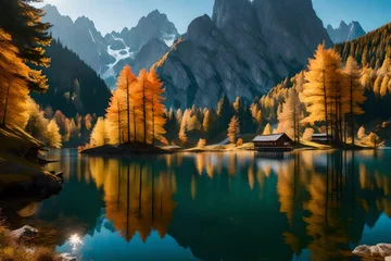 Schilderijen op glas Peaceful autumn scene of Vorderer ( Gosausee ) lake with Dachstein glacieron background. © MSohail