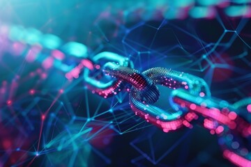 Blockchain as a mystical neon loom weaving a colorful destiny
