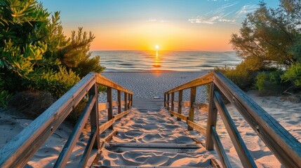 wooden stairway to the sandy beach in sunrise
