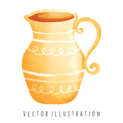 Watercolor Happy Hanukkah with gold jug. Vector Illustration