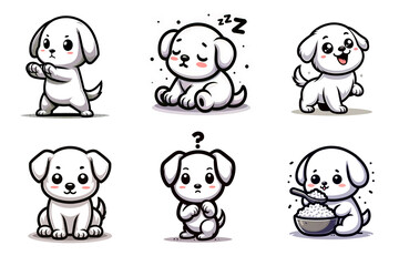 かわいい子犬のキャラクターイラストセット。表情豊かな白い犬の様々なポーズのイラスト