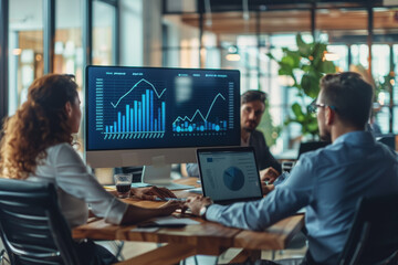 Businessmen sit in a meeting and analyze profits with graphs displayed on a screen in the office. - obrazy, fototapety, plakaty