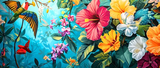 Gardinen A vibrant painting of Hawaiian hibiscus and birds in a lush tropical forest © Kseniya