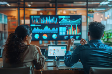 Businessmen sit in a meeting and analyze profits with graphs displayed on a screen in the office.