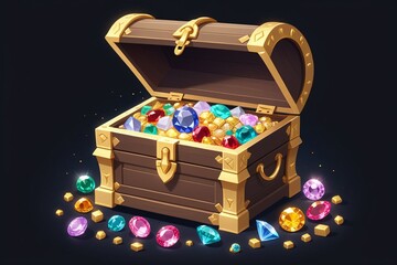 A treasure chest filled with many golds and gems on a dark background, horizontal composition