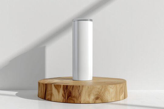 Close-up Of A White Color 20oz Straight Skinny Tumbler Includes Lid On Wooden Podium, Tumbler Mockup