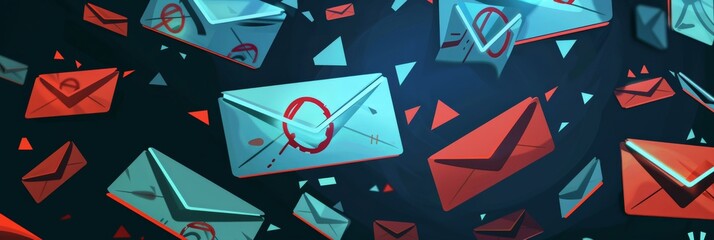 Email inbox filled with spam messages, each marked with a warning icon for potential threats - obrazy, fototapety, plakaty