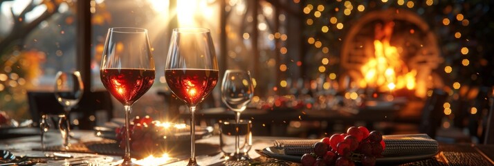 the charm of a winery dinner with a thoughtfully set table, bathed in the warm glow of a fireplace