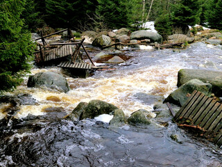 raging elements of water in a mountain river. the damaged and torn down wooden mast was washed away...