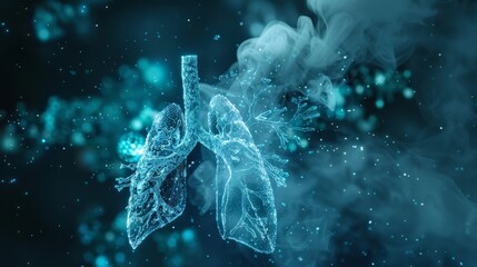 Obraz premium Futuristic visualization of smoke particles attacking lung cells with a digital shield activating to protect them