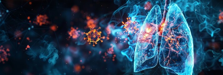 Futuristic visualization of smoke particles attacking lung cells with a digital shield activating to protect them