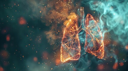 Futuristic visualization of smoke particles attacking lung cells with a digital shield activating to protect them - obrazy, fototapety, plakaty