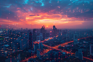 Futuristic metropolis illuminated by dynamic digital data streams and glowing urban lights. 