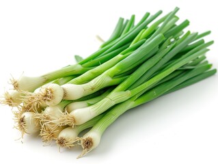 fresh green onions white background