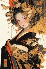 a painting of a geisha in a kimono with flowers in her hair