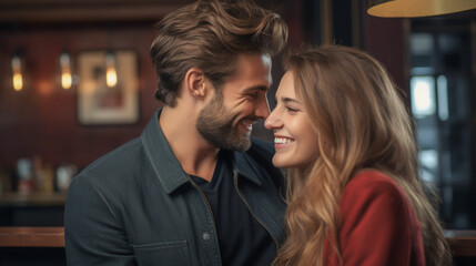Naklejka premium Bright happy couple smiling, lover in a coffee shop. Generative AI.