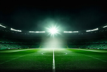 Soccer field green grass background, spotlights shining. For art texture, presentation design or web design and web background.