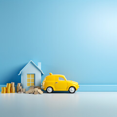 Obraz na płótnie Canvas Car and House on a blue floor, wall. Money saving concept Car related business car promotion. concept for new vehicle purchase, insurance or driving.