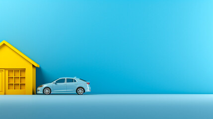 Car and House on a blue floor, wall. Money saving concept Car related business car promotion. concept for new vehicle purchase, insurance or driving. - obrazy, fototapety, plakaty