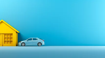 Schilderijen op glas Car and House on a blue floor, wall. Money saving concept Car related business car promotion. concept for new vehicle purchase, insurance or driving. © toodlingstudio