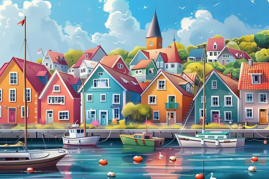 This photo captures a painting of a harbor featuring boats and colorful houses in the charming seaside town of VetalVit.