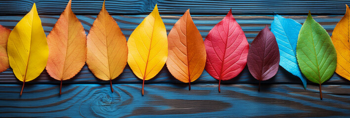 A close-up shot of a colorful autumn leaves on a rustic wooden table.