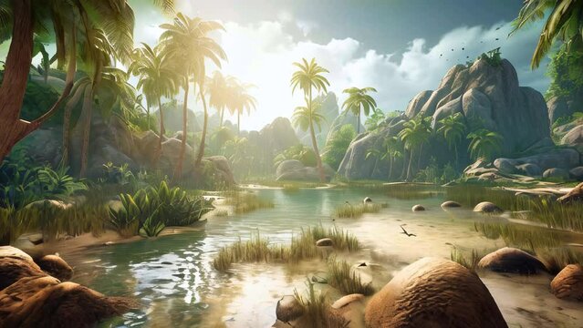 GAME DESIGN BACKGROUND: 10,000 BC tropical rainforests were vibrant and teeming with life. They boasted towering trees and a diverse array of wildlife, ranging from colorful birds to dinosaurs. AI-gen