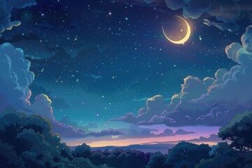 A dreamy artwork depicting a starry night sky adorned with clouds and illuminated by a crescent moon.