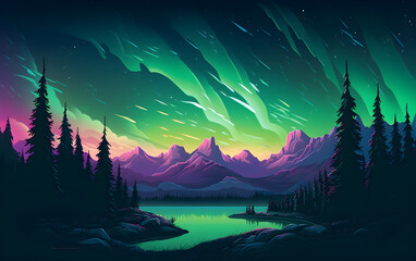 Northern lights over a mountainous landscape